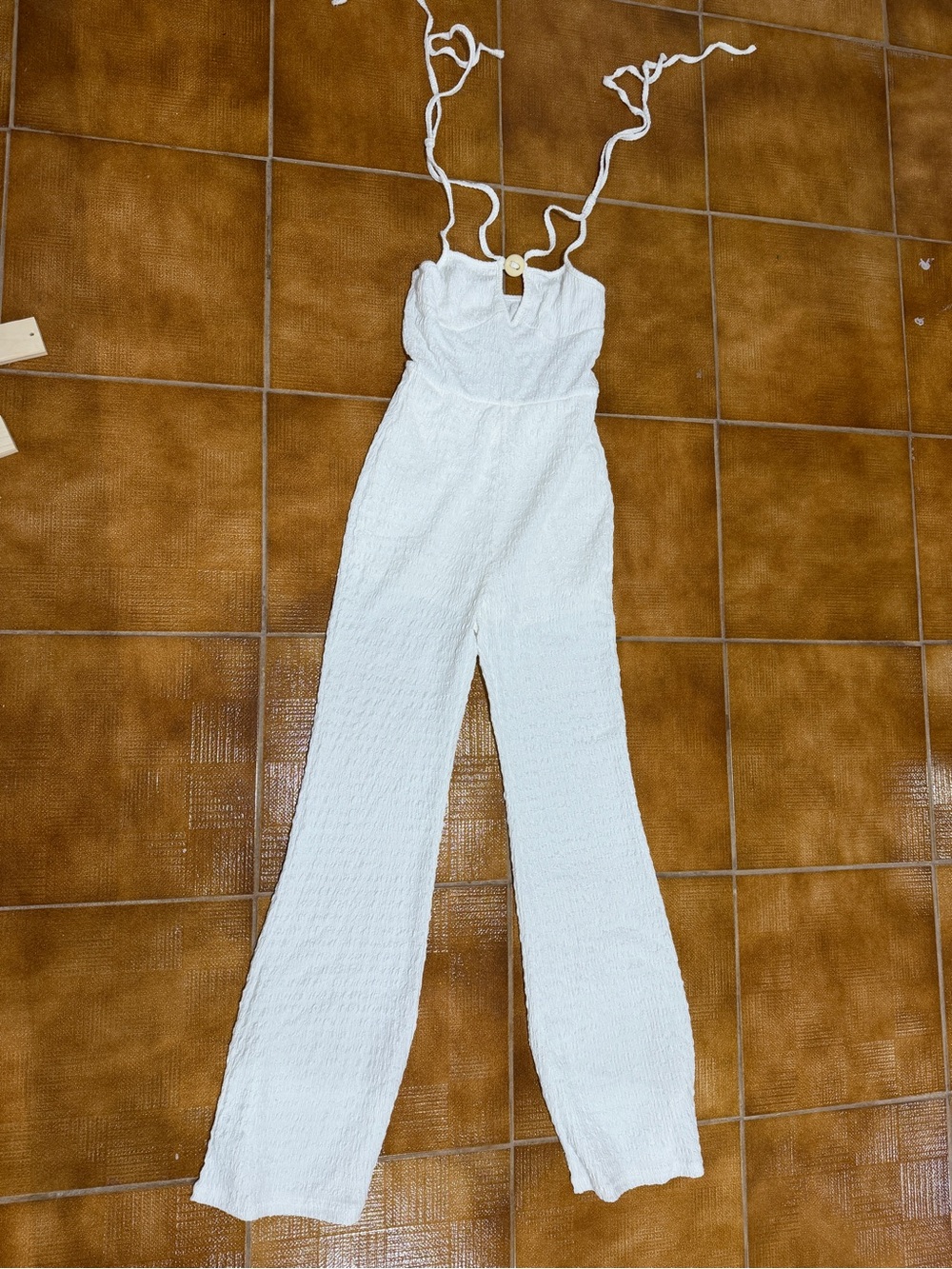 White Textured Tie-Shoulder Jumpsuit